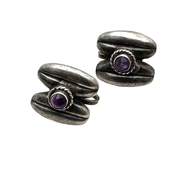 Mexico Womens Earrings Sterling Silver Amethyst Coffee Bean Design Screw Back - Picture 6 of 6